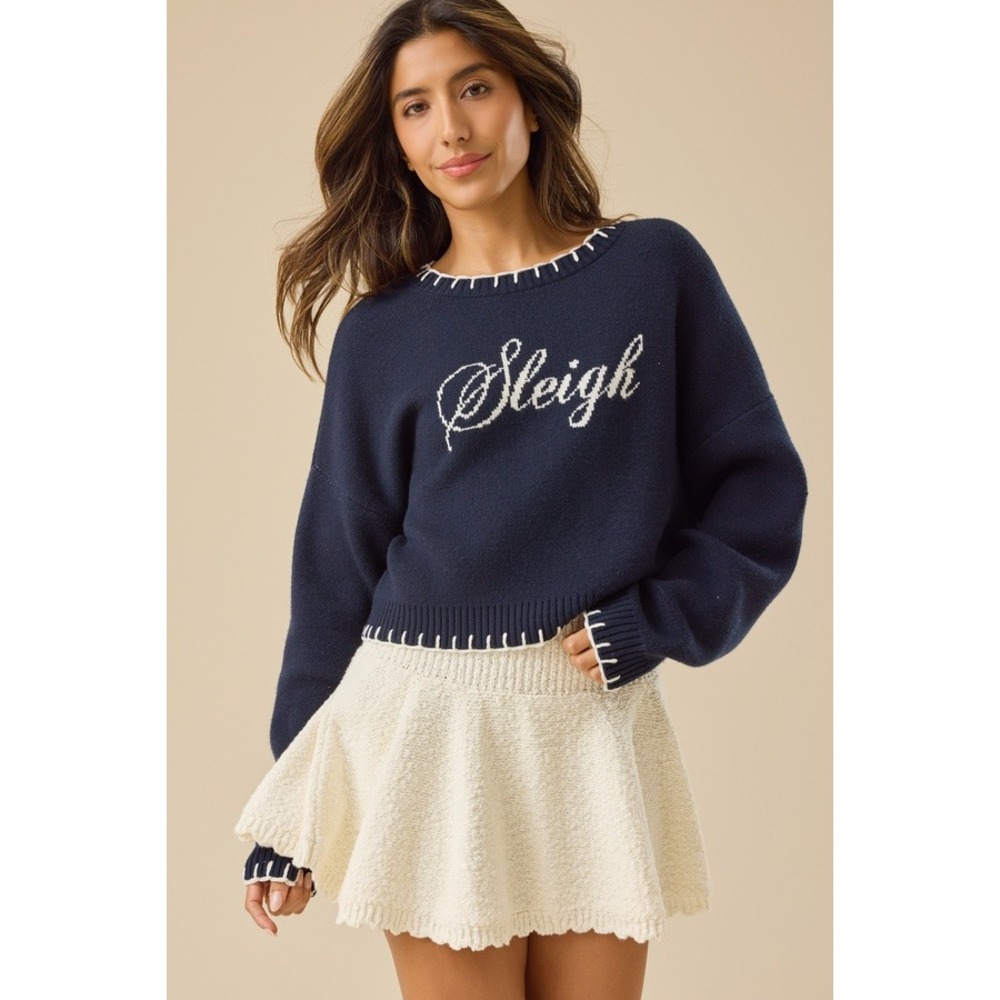 Altar'd State Womens Sleigh Cropped Sweater Navy Blue Ivory Whipstitch Size XXS